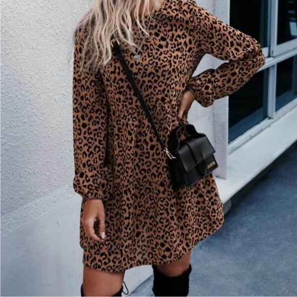 All Over Leopard Print Bishop Sleeve Dress - Picture 2 of 7